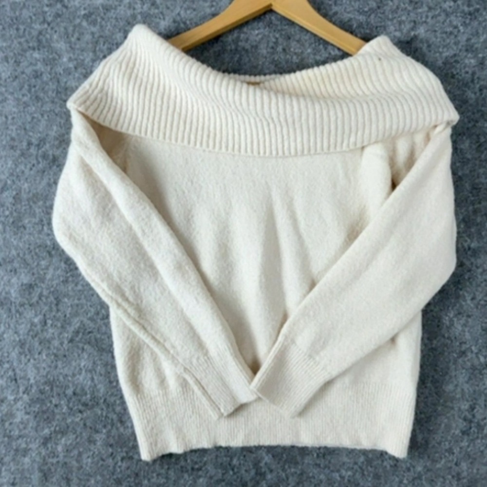 ASOS Sweater Womens 4 Ivory Off Shoulder Foldover Ribbed Neckline Cozy Chic